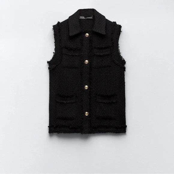Zara Black Textured Vest with Gold Buttons - Picture 3 of 5
